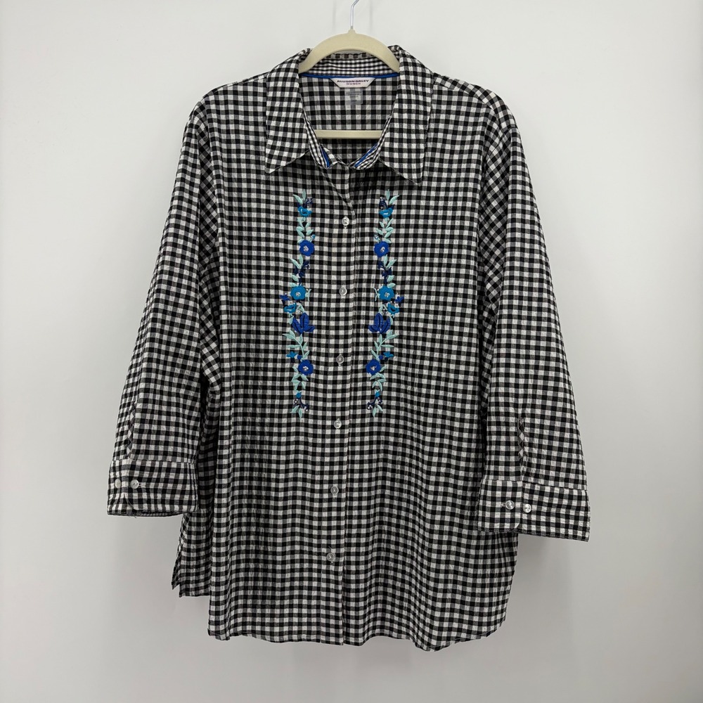 Allison Daley Womens 24W Black Gingham Floral Seersucker Button Front Shirt